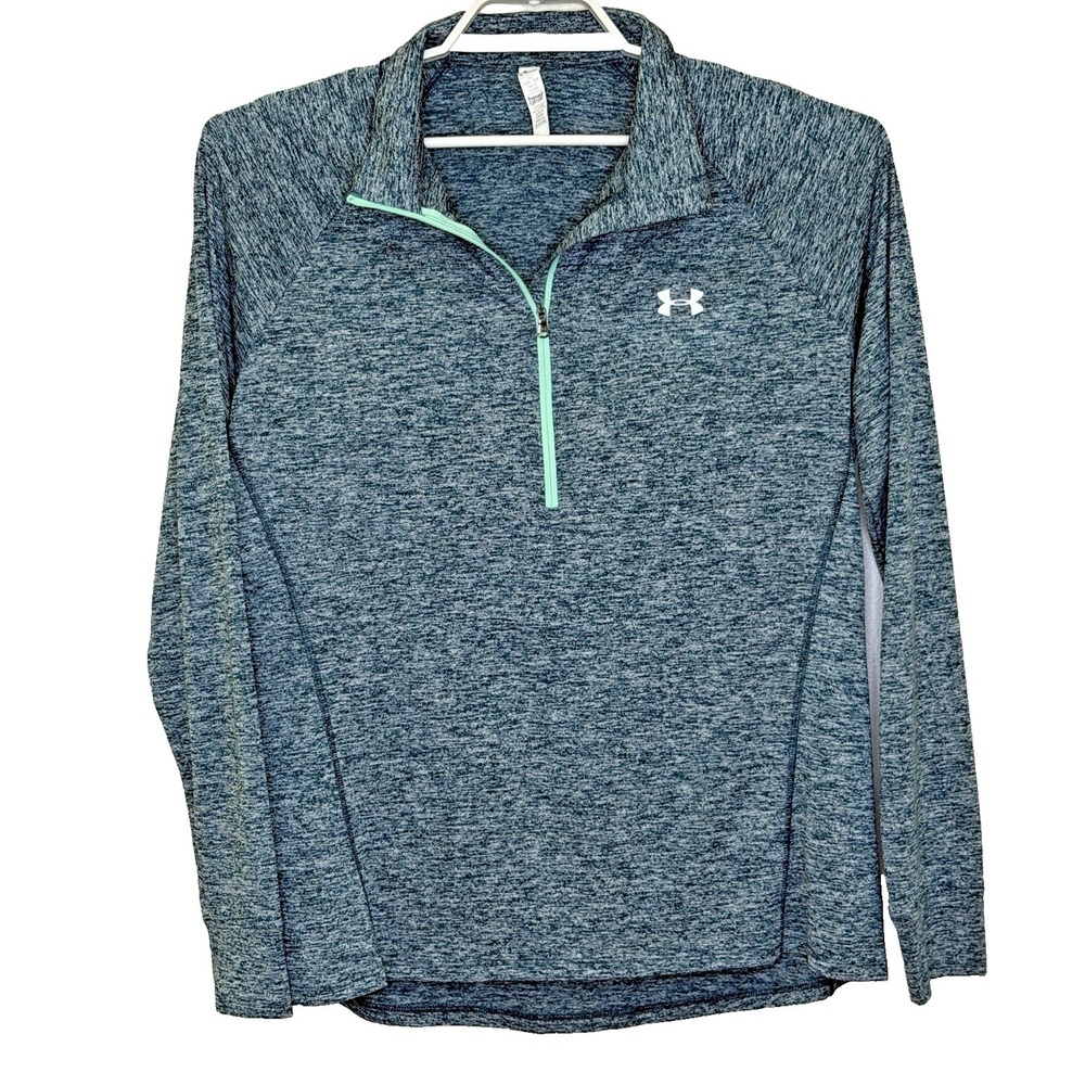 Under Armour HeatGear 1/4 Zip Pullover Top Womens XL Blue Teal Long Sleeve Loose